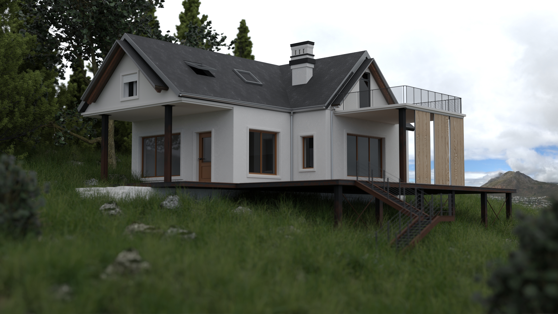 Rendu 3D d'une maison à la montagne